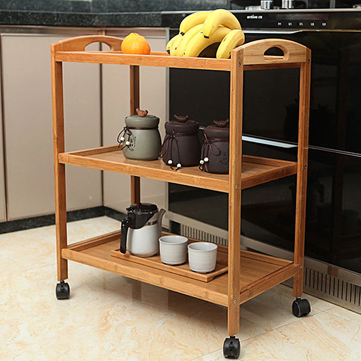 Decopatent® Keukentrolley op wieltjes - 3 laags bamboe houten keukenwagen - serveerwagen trolley met 4 wielen - keukentrolley