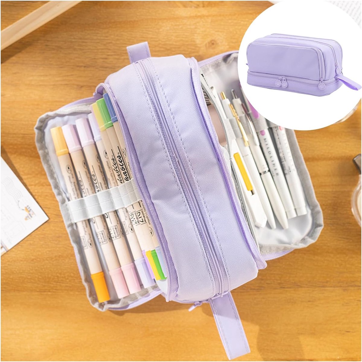 Large pencil case with 3 compartments for sorting stationery, pencil case for girls, pencil case for teenagers and pencil case, practical handheld design (purple),