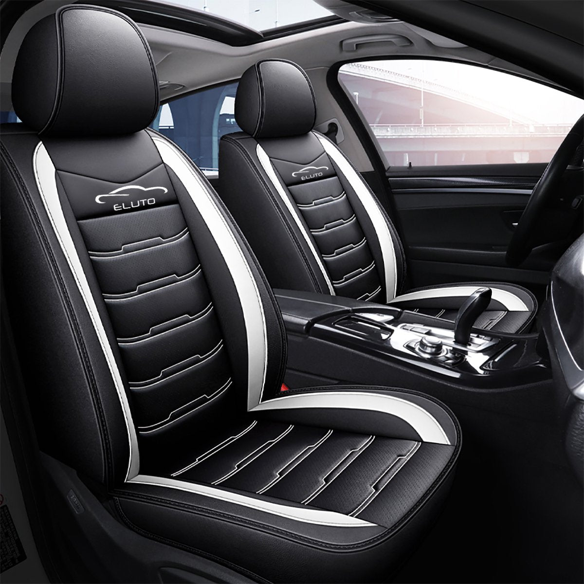 Universal 5-Seater Car Seat Covers PU Leather - Breathable Non-Slip - Black and White