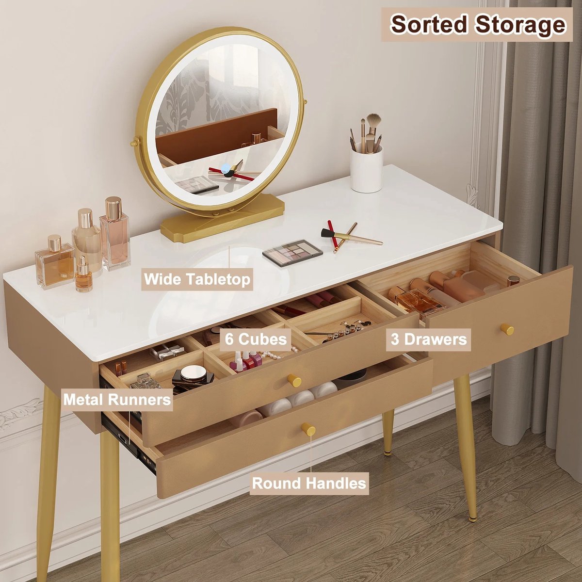Decotopia - Dressing Table - Make-up Table - Set - With Mirror - With Lighting - With Chair - Khaki