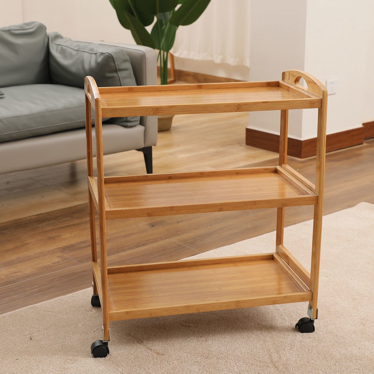 Decopatent® Keukentrolley op wieltjes - 3 laags bamboe houten keukenwagen - serveerwagen trolley met 4 wielen - keukentrolley