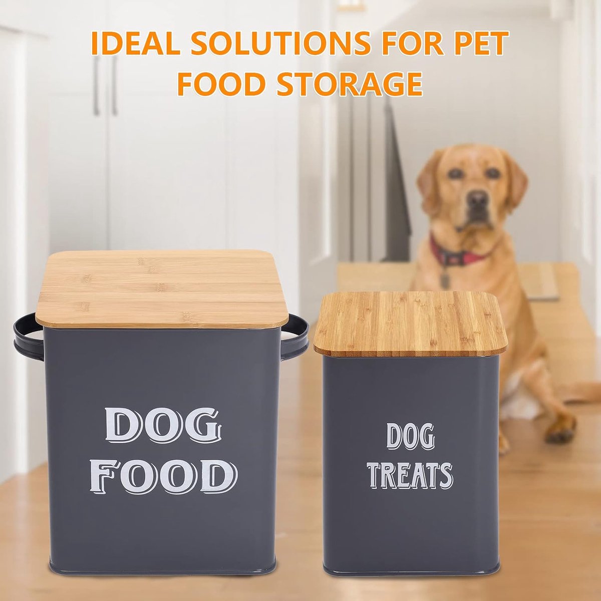 Pet Food Container, Hondenvoer Opslagbak, Voedselcontainer met Schep en Luchtdicht Houten Deksel, Voedselopslag en Organisatie-Grijs