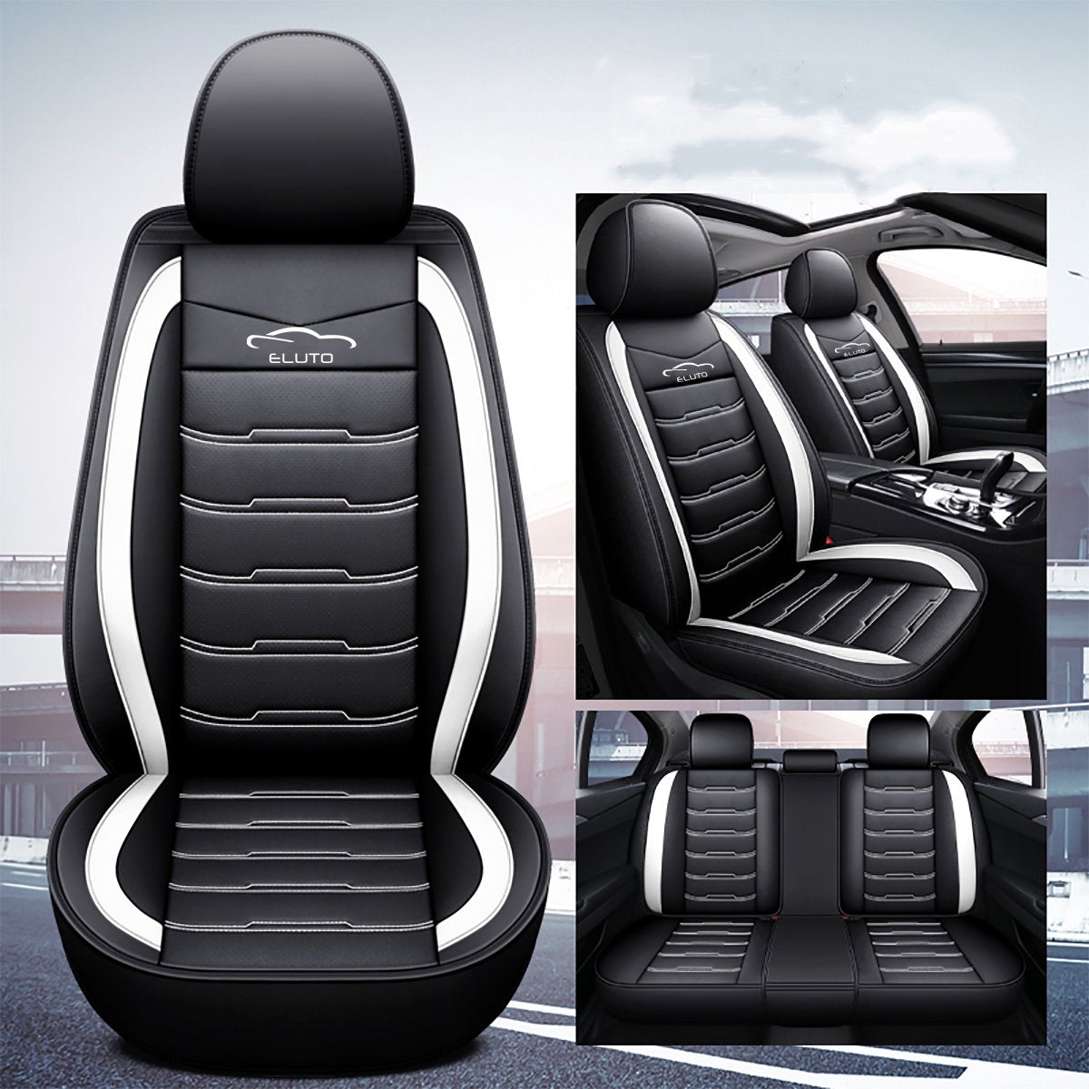 Universal 5-Seater Car Seat Covers PU Leather - Breathable Non-Slip - Black and White
