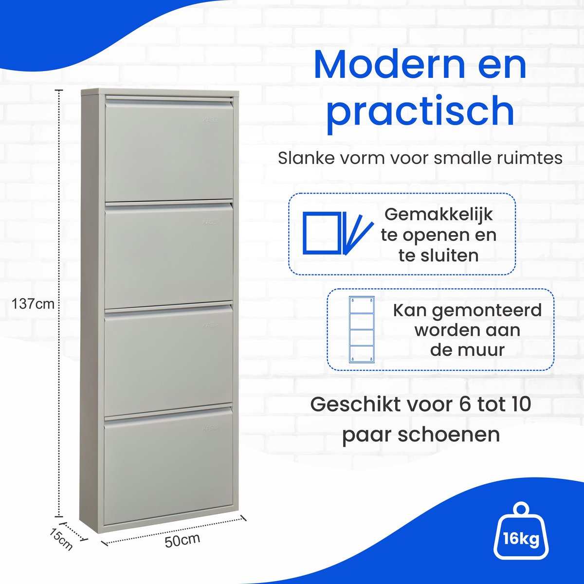 VEEHAUS® - Griffin - Praktisch Schoenenrek - Schoenenrek Grijs - Schoenenrek met 4 Niveaus - Schoenenkast Grijs - Schoenenrek metaal industrieel - Metaal - 50 x 137 x 15 cm - Grijs