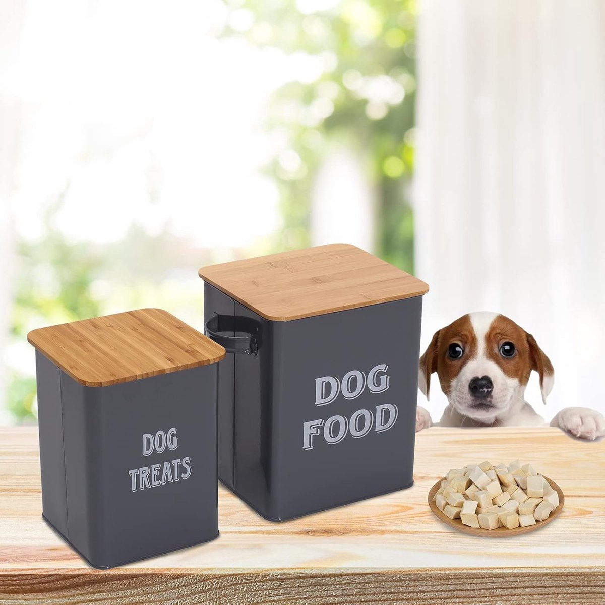Pet Food Container, Hondenvoer Opslagbak, Voedselcontainer met Schep en Luchtdicht Houten Deksel, Voedselopslag en Organisatie-Grijs