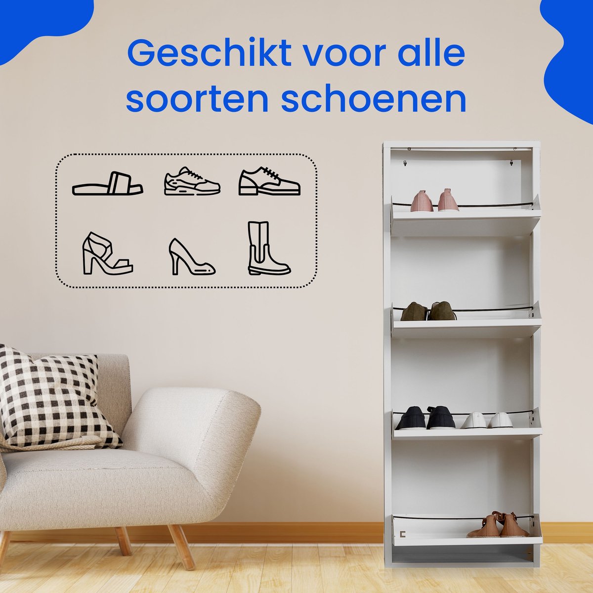 VEEHAUS® - Griffin - Praktisch Schoenenrek - Schoenenrek Grijs - Schoenenrek met 4 Niveaus - Schoenenkast Grijs - Schoenenrek metaal industrieel - Metaal - 50 x 137 x 15 cm - Grijs