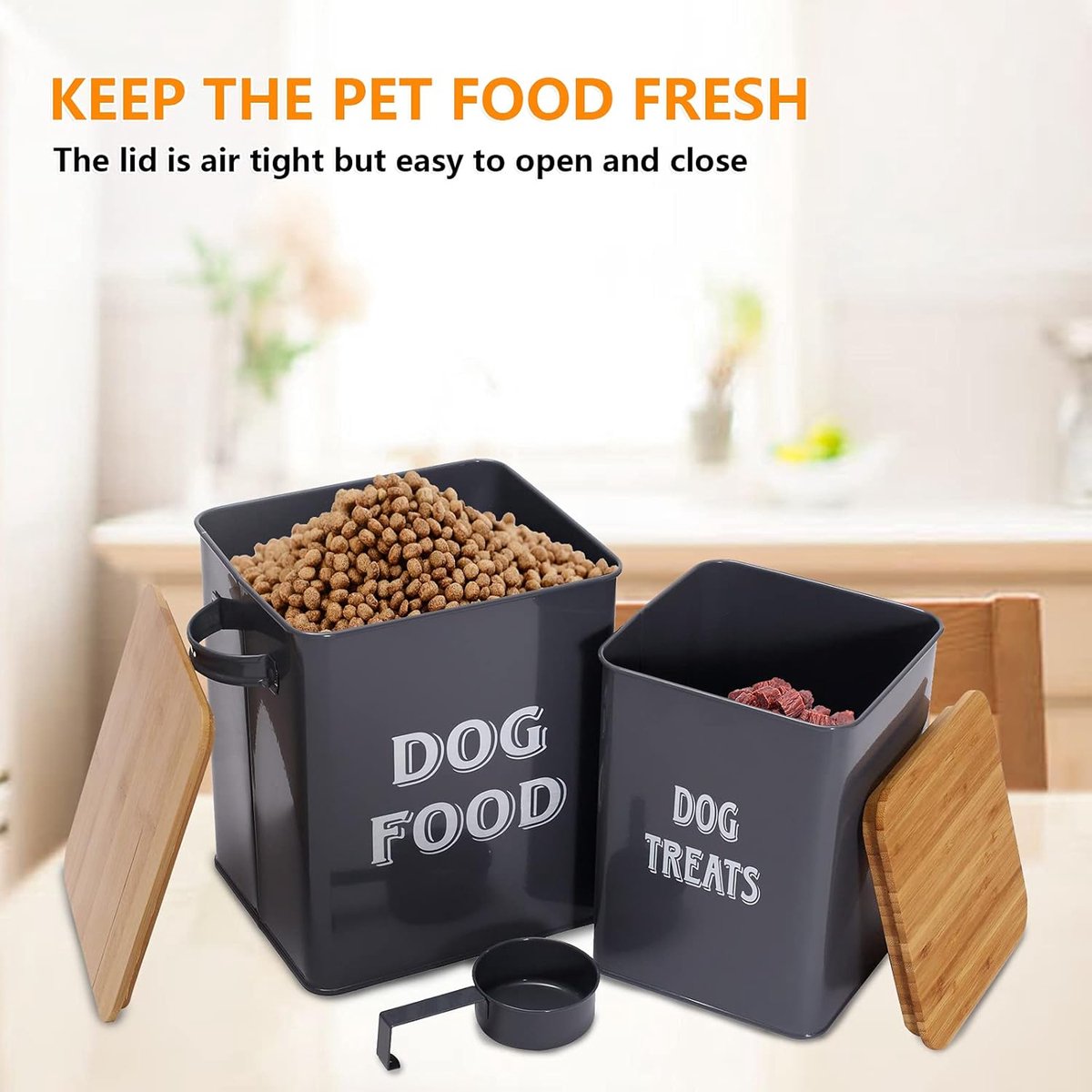 Pet Food Container, Hondenvoer Opslagbak, Voedselcontainer met Schep en Luchtdicht Houten Deksel, Voedselopslag en Organisatie-Grijs