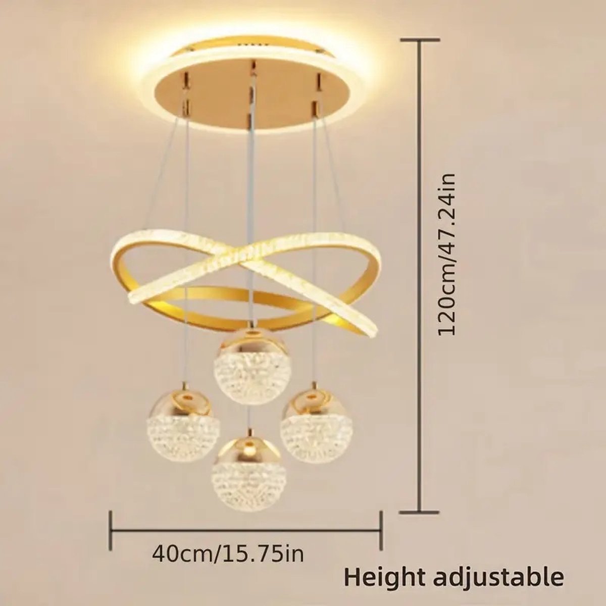 LuxiLamps - 4 Bollen Hanglamp - Kroonluchter Woonkamer - Goud - Moderne lamp - 40 cm - Hanglamp