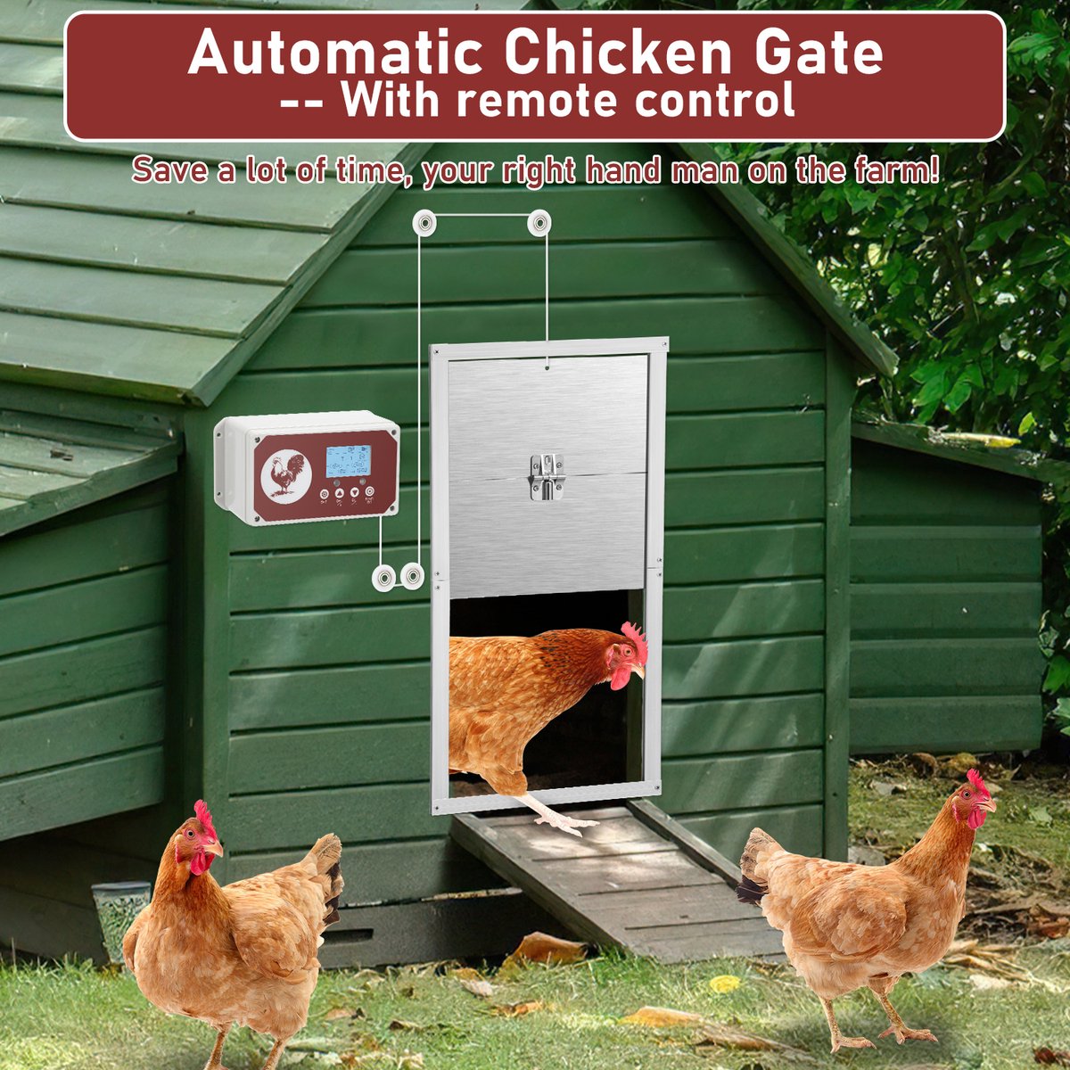 7.8W Chicken Door - Automatic Chicken Coop Door - Chicken Coop Door with Controller - Chicken Door with Timer and Light Sensor - Aluminum/30x 30 cm
