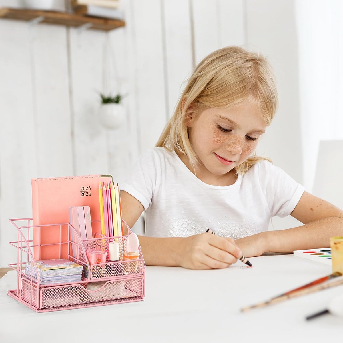 Children's Desk Organizer for Girls, Pen Holder, Table Organizer with Pen Trays and Drawer, Made of Metal, Mesh for Office and School, Pink