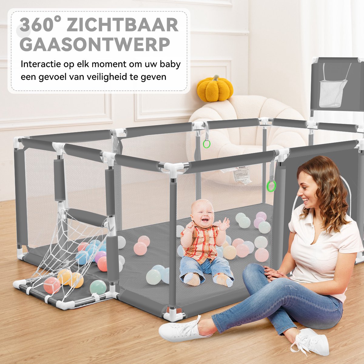 Grondbox - Baby Speelbox - 181x122cm Rechthoekig Groot Formaat Met Basketbalkorf - Grijs