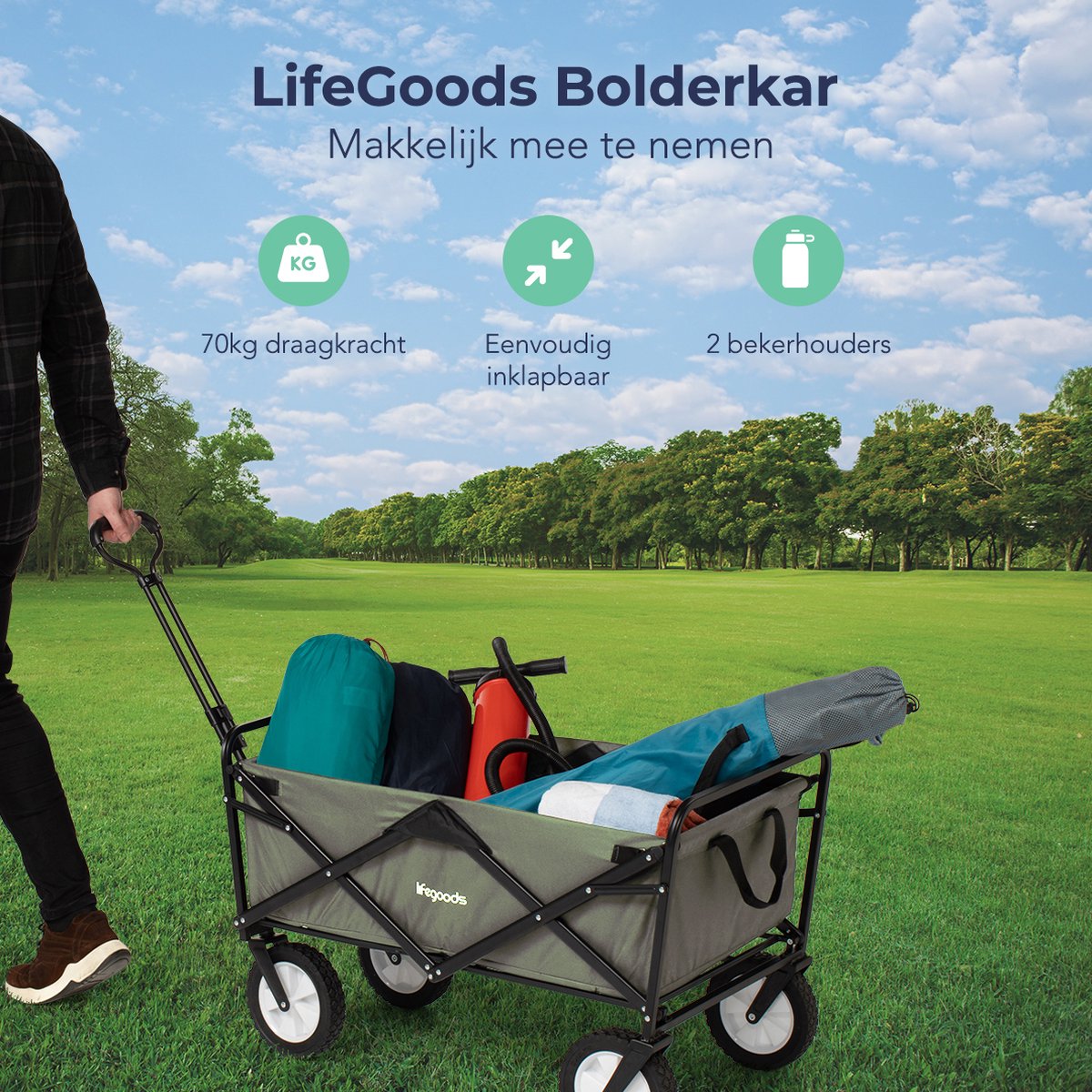 LifeGoods Opvouwbare Kruiwagen - Zwenkwielen - 94L - 2 Standen - 70KG Draagvermogen - Groen