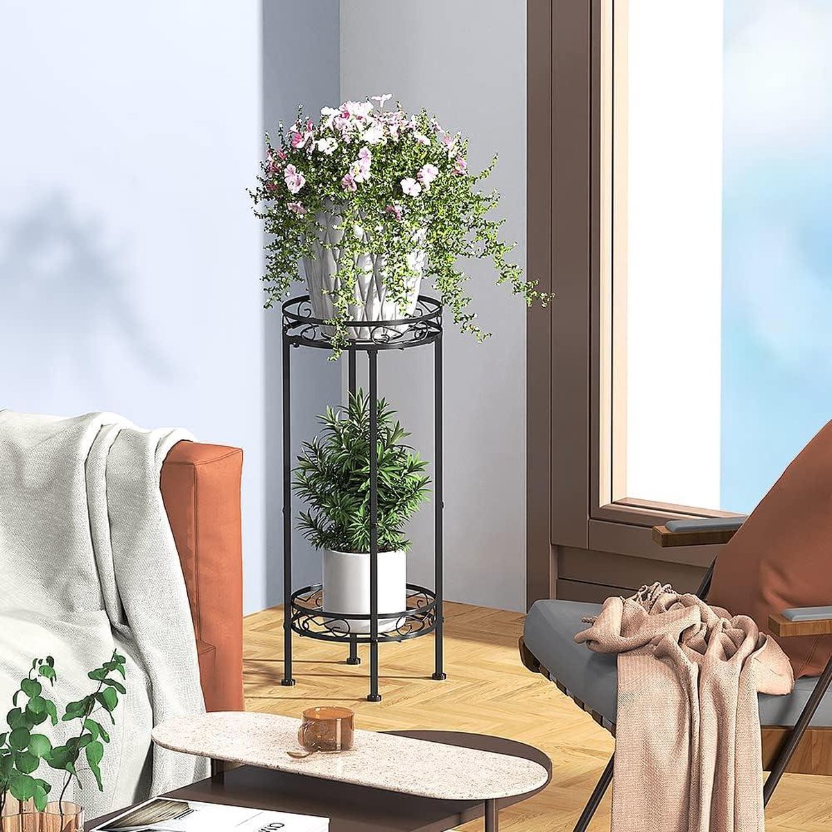 2-laags plantentafel hoge metalen plantenstandaard voor binnen - plantenstandaarden bloemstandaard bloempot displaystandaard tuinterras zwart 70x30cm plantentafel