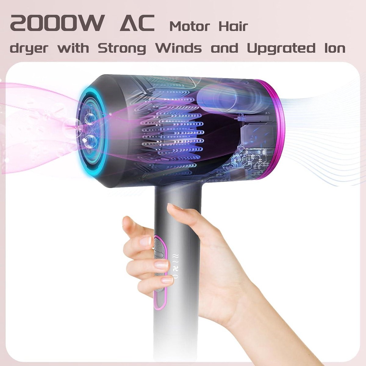 Hairdryer - Ionic - Overheat Protection - 2000 W - Professional - Fast Drying - 3 Temperatures - 2 Speeds - Cold Shot - Grey