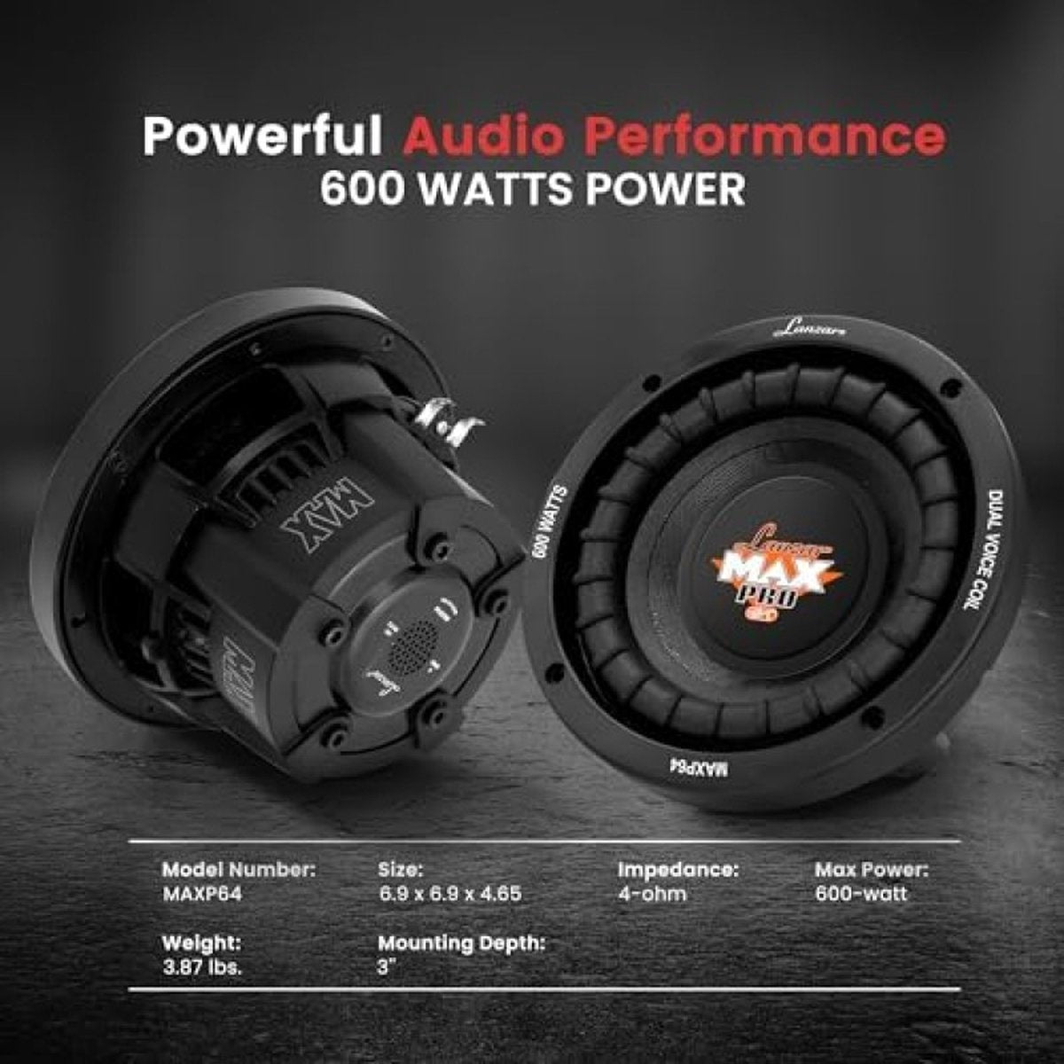 Max Pro 600 W 6.5 inch 4 Ohm auto subwoofer met kleine behuizing