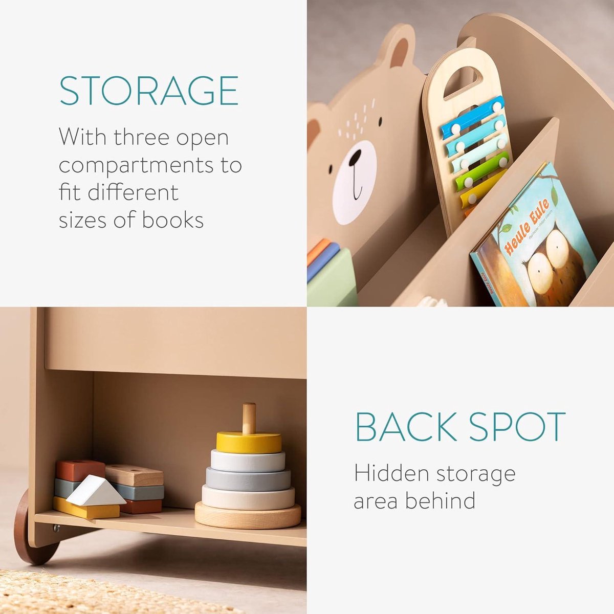 Kids bookcase with wheels - Wooden storage rack for children with 3 compartments - Montessori toy and book organizer - 60 x 58 x 40 cm - Brown bear toy cabinet