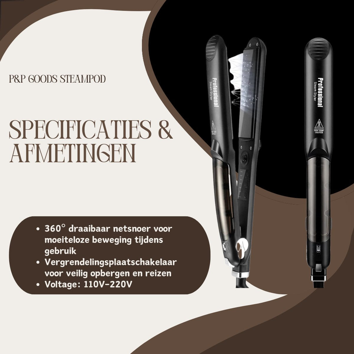 P&P Goods® Steampod - Stijltang - Haarverzorging - Stoomstijltang - Met LED Verlichting - Krultang - Zwart