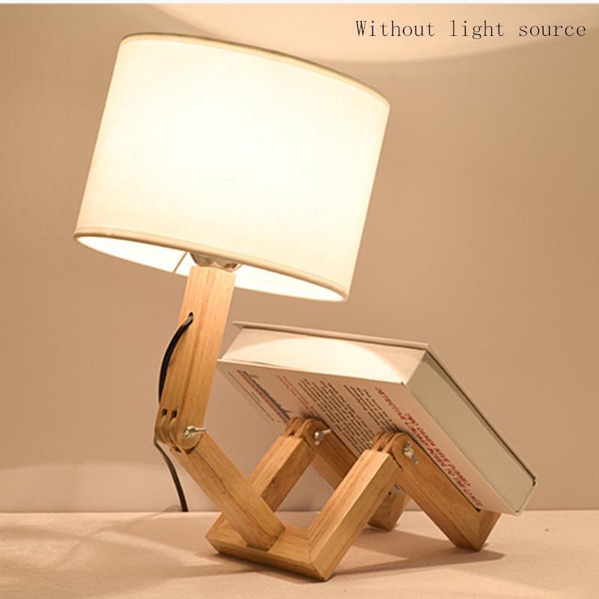 TDR - LED-bureaulamp met boekenhouder - Scandinavisch design - Witte stoffen kap - Houten mannetje met verstelbare gewrichten - Exclusief lichtbron