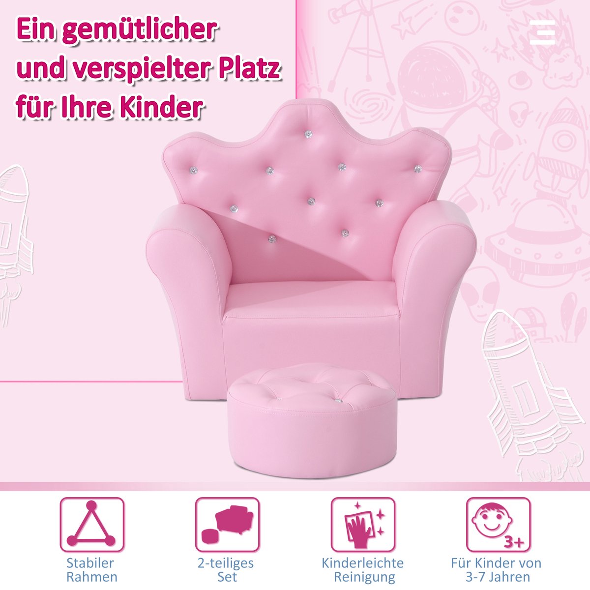 Children's sofa with crystal buttons and ottoman pink