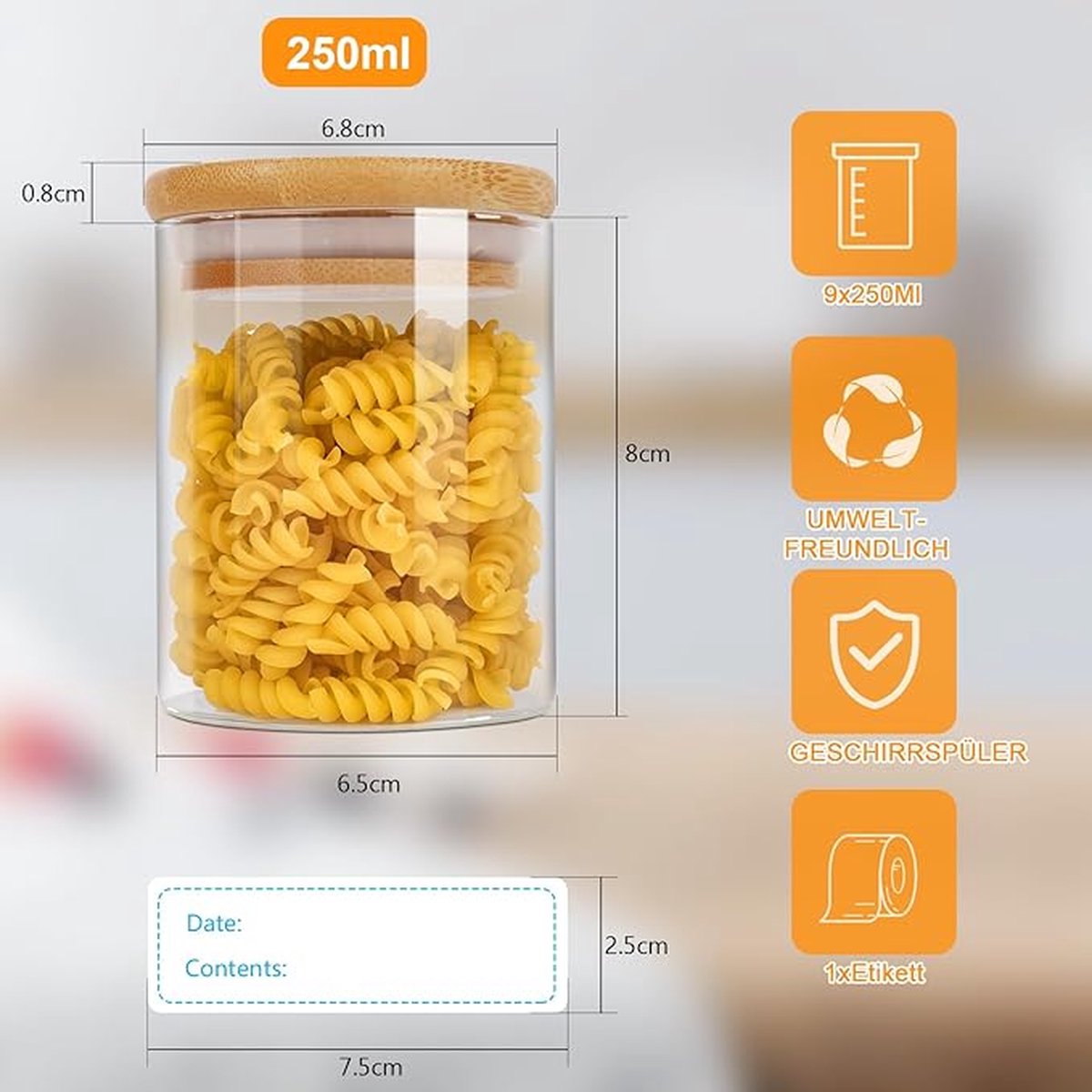 9-delige set glazen voorraadpotten van 250 ml, kruidenpotten met bamboedeksels en 125 etiketten, luchtdichte bussen van hoog borosilicaatglas voor keukenopslag, voedselopslagcontainers voor kruiden, thee, koffiebonen, suiker en koekjes