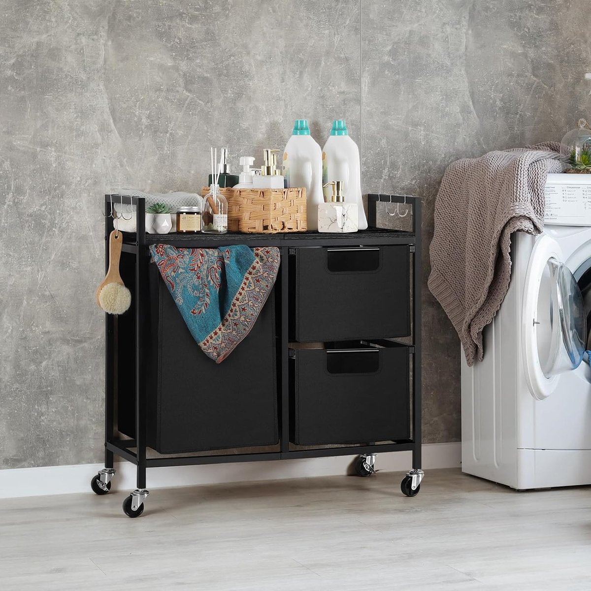 Laundry Hamper with 3 Sections and Shelf, Rustic Oxford Fabric Laundry Bag, Pull Out and Removable Clothes Sorting, Laundry Baskets with Wooden Board and Wheels, Black