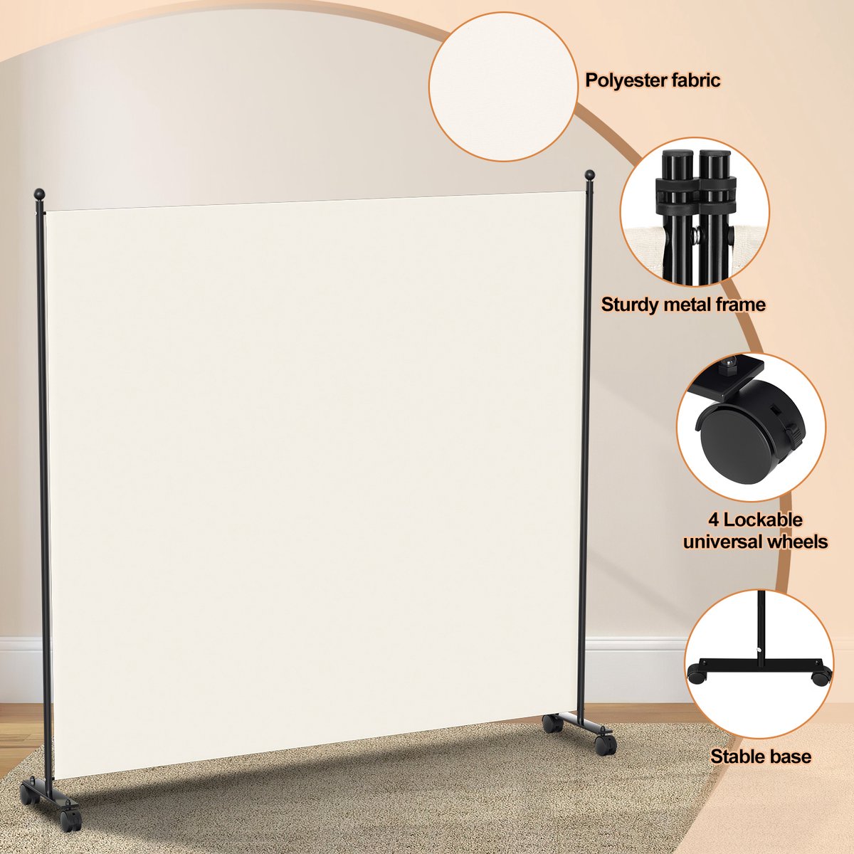 Room divider on wheels with 1 panel - 187 x 181 cm - Room divider Garden Spanish Wall Divider Beige