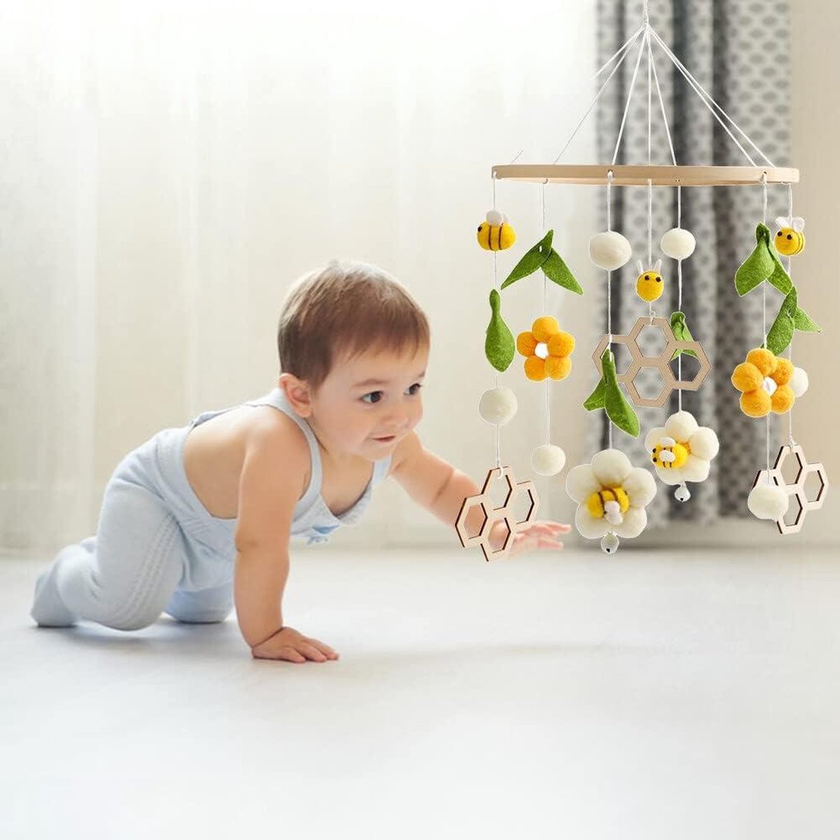Baby mobile with music felt balls flowers - Mobile baby wind chime 3D flowers - Mobile baby wood felt balls - Baby mobile with music girl bed bell - Mobile baby boys girls crib decoration. baby mobile with music