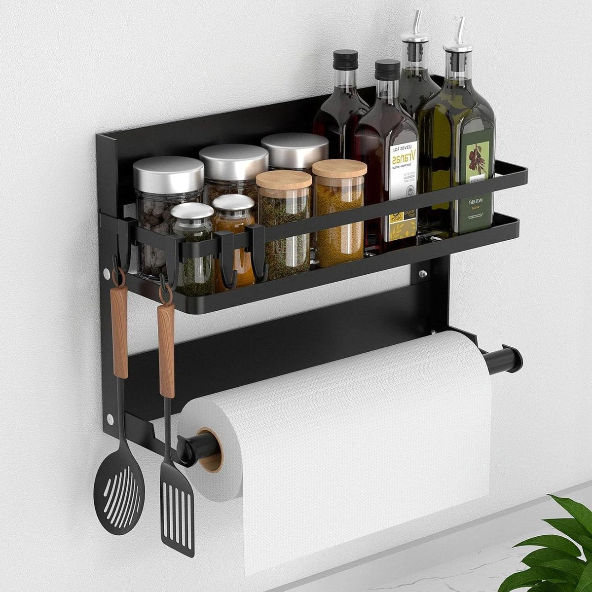 Spice rack - Hanging Kitchen Rack made of Stainless Steel - No Drilling - Black - 4 Hooks kitchen roll holder hanging