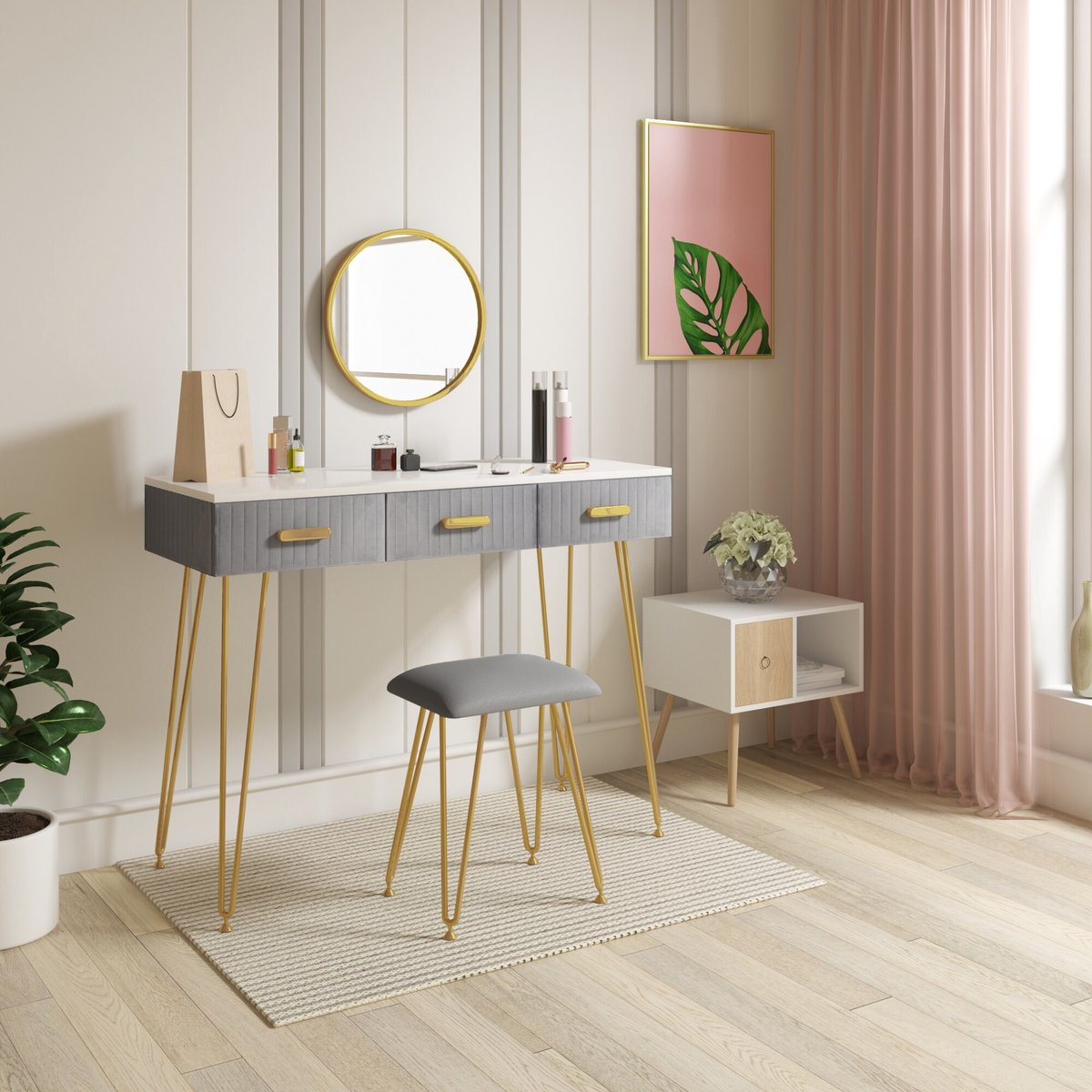 Make-up Tafel - Kaptafel - Met Spiegel - Dressoir - Luxe Kaptafel - Slaapkamer - Moderne look - Grijs/goud