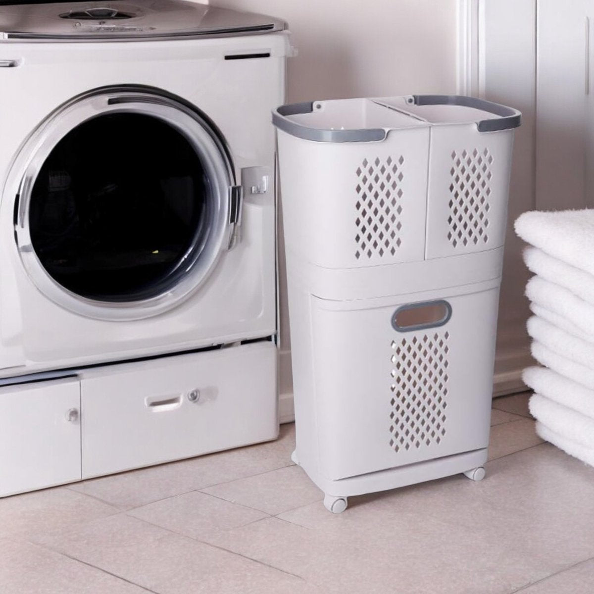 Laundry Basket 3 Compartments - White - Laundry Basket with Wheels - Laundry Sorter with Three Compartments - Plastic Laundry Basket