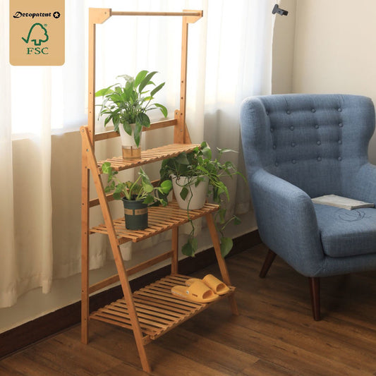 Decopatent® Plantenrek met 3 etages + Stang voor Hangplanten - Bamboehout staand binnen Plantentrap - Bloemenrek - Plantenetagere