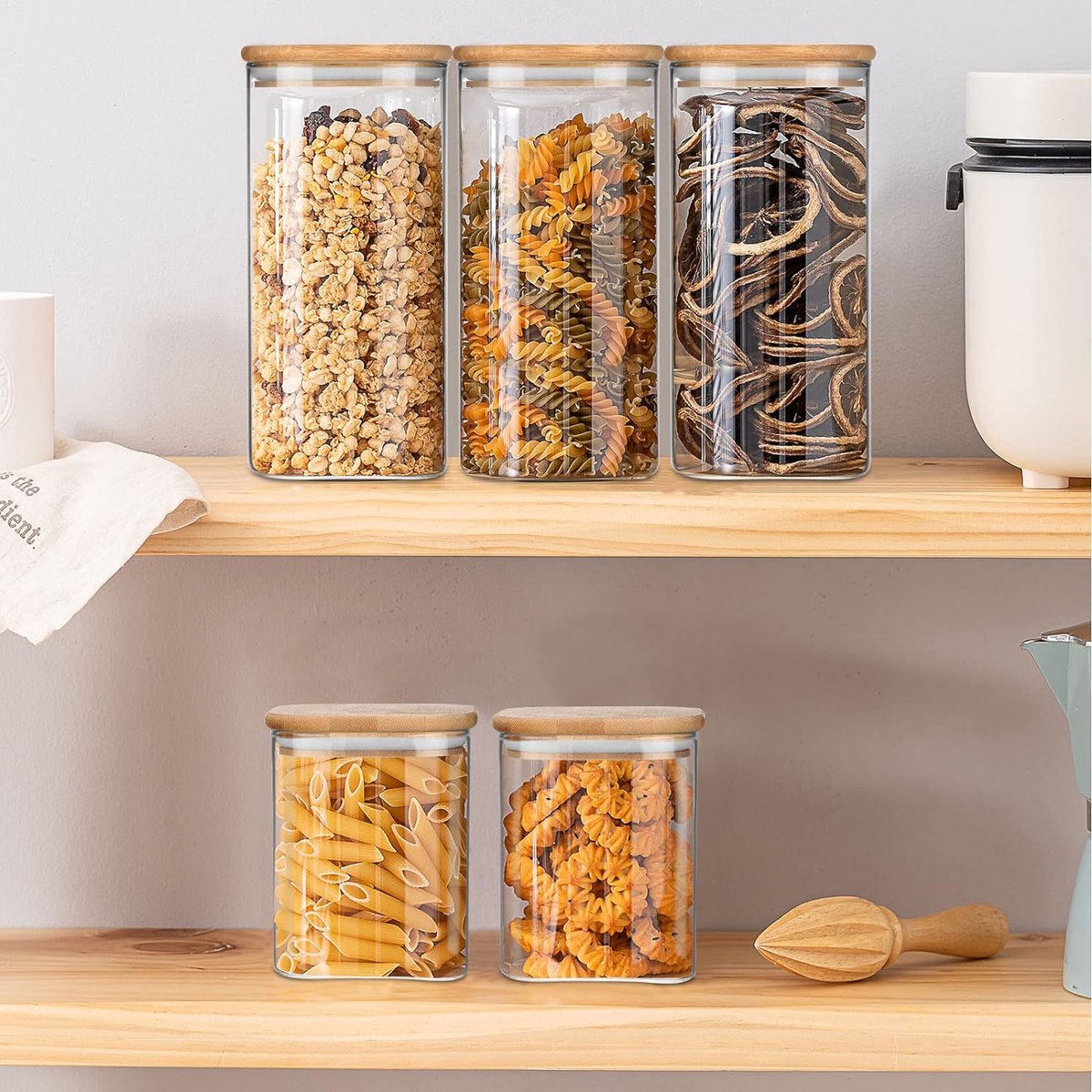 Glazen potten met deksels, keuken opbergcontainers met luchtdichte bamboedeksels voor het bewaren van pasta, noedels, bonen, koffie, granen, rijst, koekjes, noten, grote capaciteit transparant glas opbergpotten 2 stuks 800ml