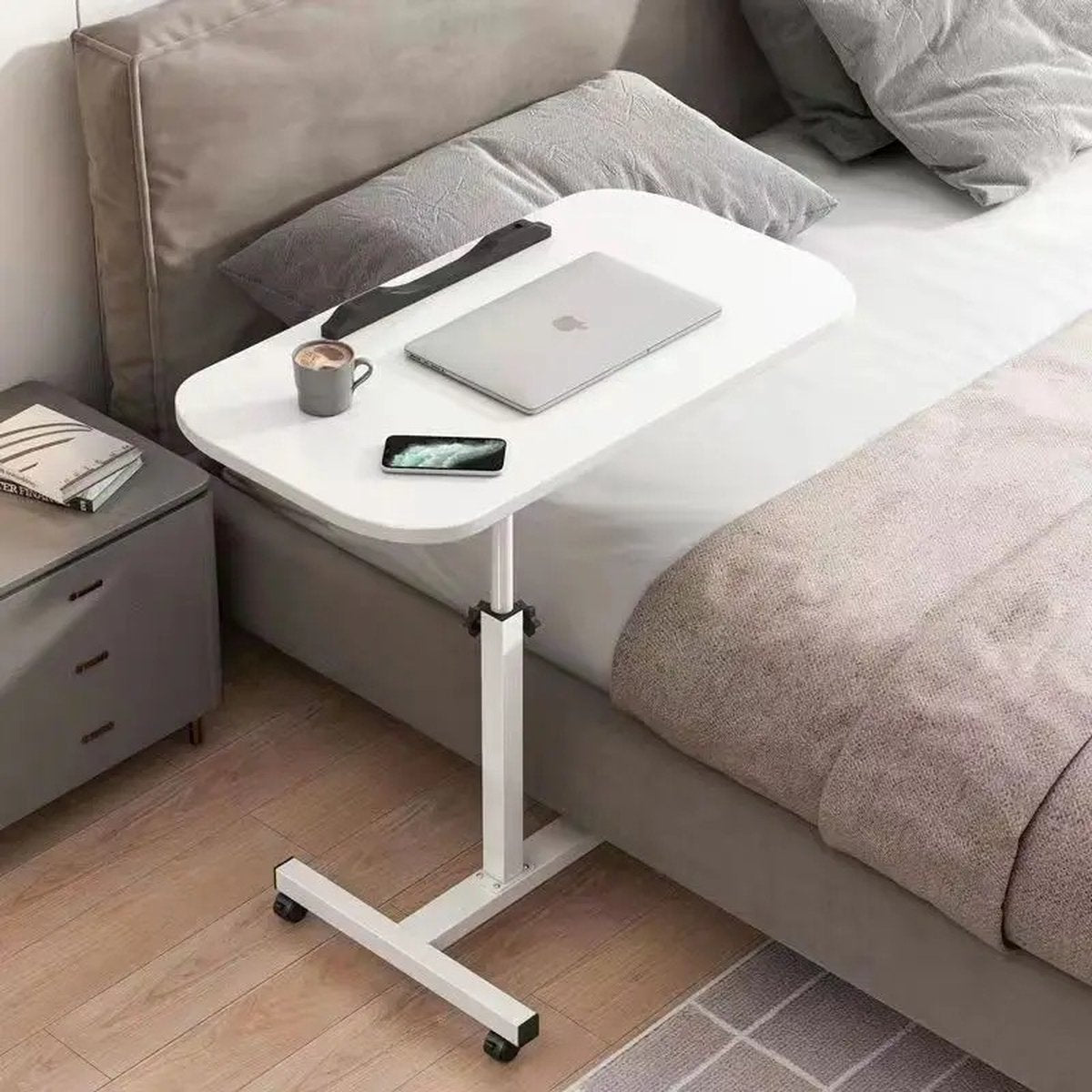 Bedside table - Bedside table with wheels - Laptop Table - Laptop Stand - Laptop Desk - Mobile - Height Adjustable - For Working from Home - White