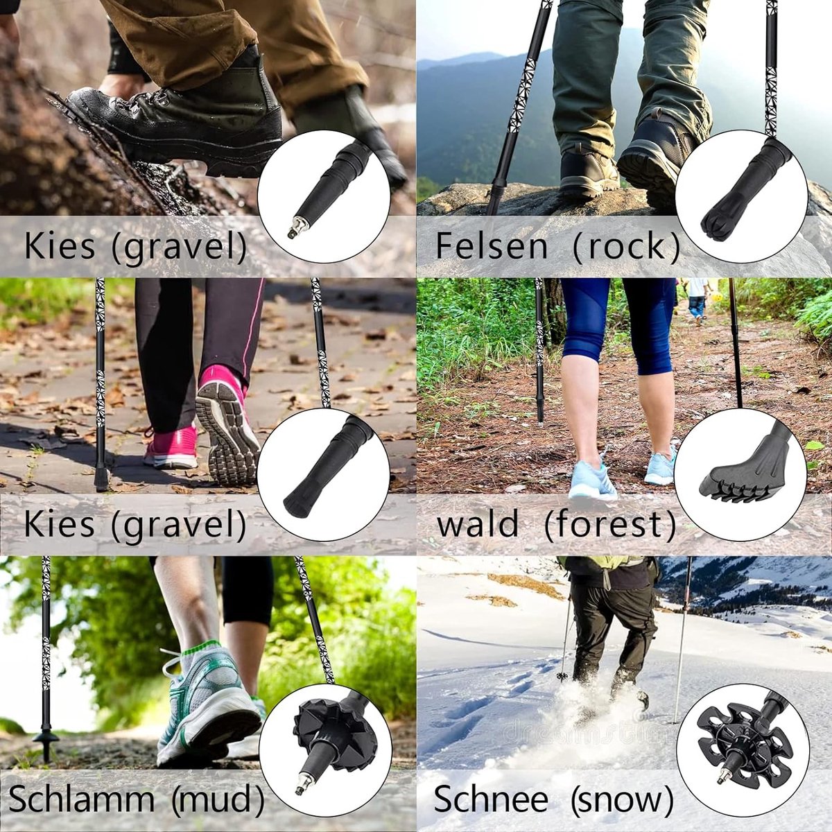 Vouwbare aluminium wandelstokken met kurken handvat, trekkingstokken, nordic walking stokken, telescopisch opvouwbare en verstelbare wandelstokken, met 4 paar rubberen doppen voor trekking, 135 cm.