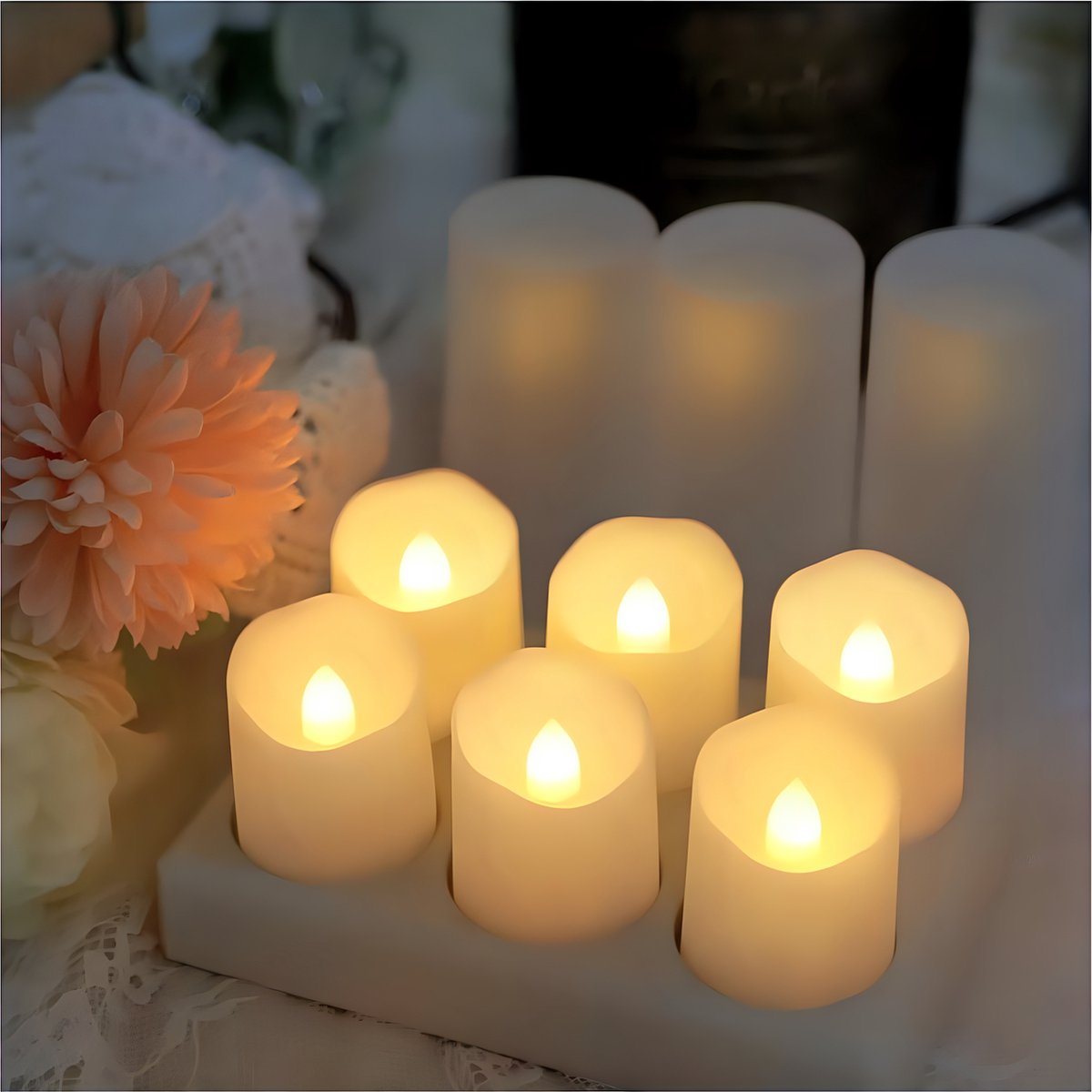 LED Tea Light - Rechargeable Candles - Remote Control with Timer - LED Candles with Moving Flame - Tea Lights with Charging Station