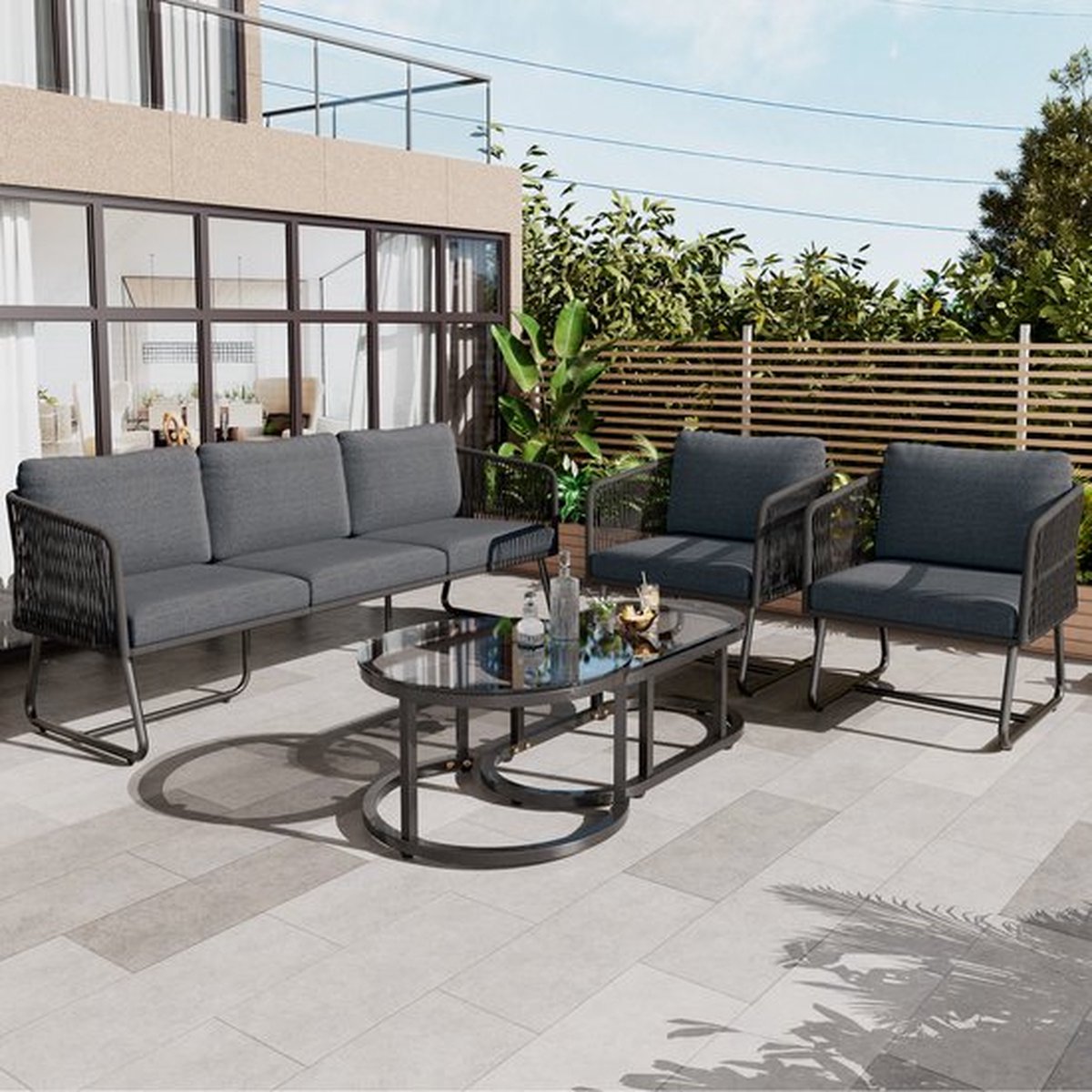 Tuinloungeset met gegalvaniseerd ijzeren frame, tuinmeubelset van touw, grijs touw, verstelbare poten, glad glazen tafelblad, 5-delige set, inclusief alle zit- en rugkussens