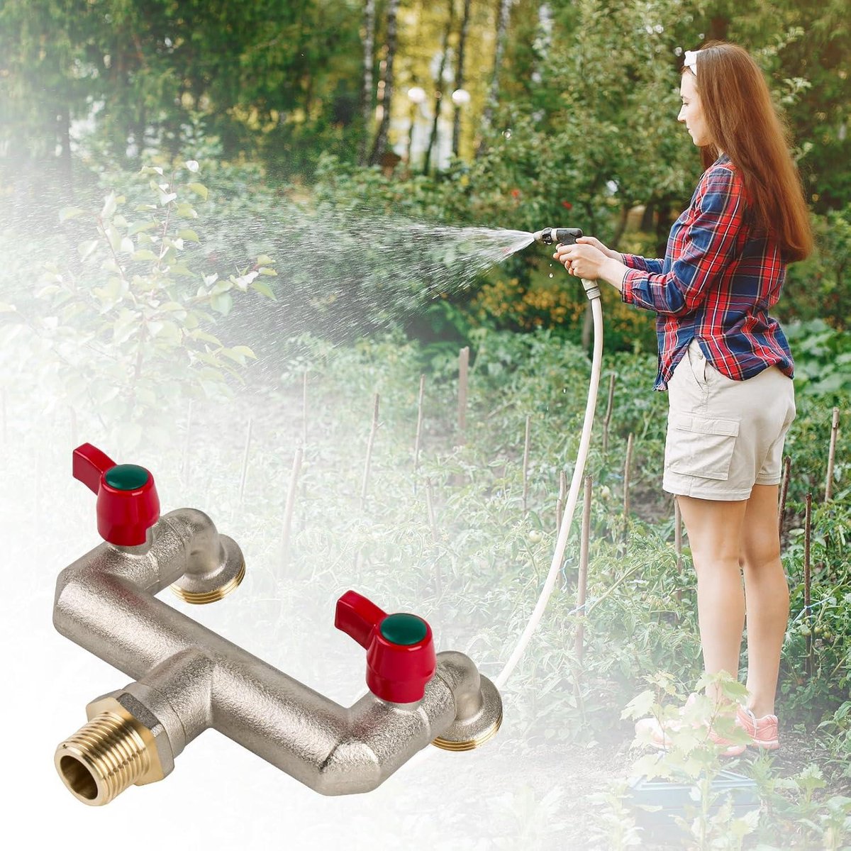 Double tap T-distributor 1/2 inch for garden and and washing machine - with 2 3/4 inch BSP garden hose tap connection Outside tap