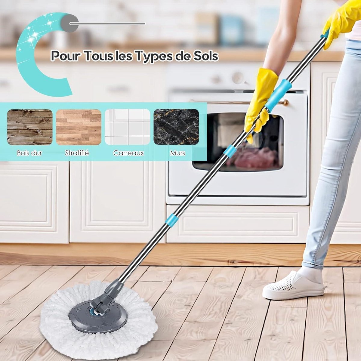 Mop Set - Detachable Two-Compartment Bucket - Foot Pedal Design - Stainless Steel Handle - 6 Mop Heads - Floor Cleaning