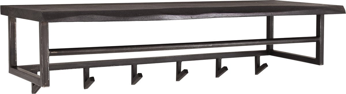 Wandkapstok Yucon | 6 haken | 100 x 30 x 27 cm | kapstok met hoedenplank | massief naturel acaciahout met zwart metalen frame | landelijk / industrieel