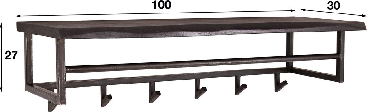 Wandkapstok Yucon | 6 haken | 100 x 30 x 27 cm | kapstok met hoedenplank | massief naturel acaciahout met zwart metalen frame | landelijk / industrieel