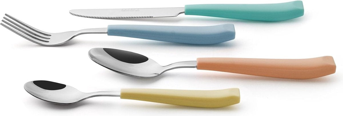 24-Piece Colored Cutlery Set - Stainless Steel with Vividly Colored Plastic Wide Handles - Comfortable to Hold - 6 x Forks, 6 x Dinner Knives, 6 x Tablespoons, 6 x Teaspoons