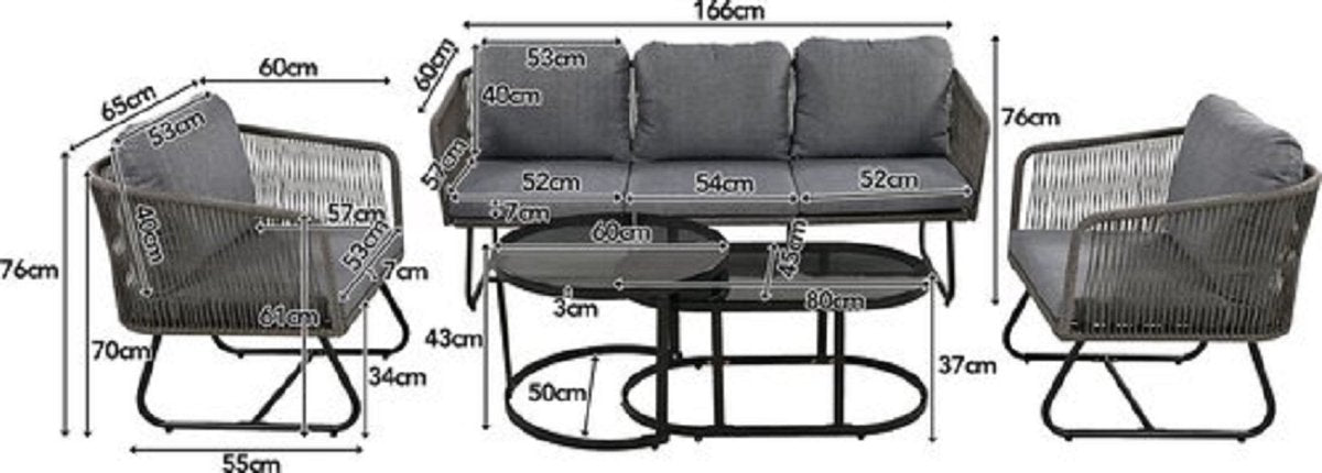 Tuinloungeset met gegalvaniseerd ijzeren frame, tuinmeubelset van touw, grijs touw, verstelbare poten, glad glazen tafelblad, 5-delige set, inclusief alle zit- en rugkussens