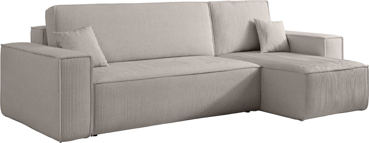 Hoekbank Carlos Beige - Hoeksalon Met Bed en Opbergruimte Corduroy Ribstof - Karl hoekzetel Universele lounge links of rechts