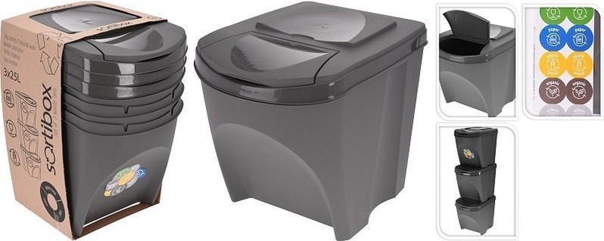 Afvalbak Sortibox Zwart (3 x 25 l)