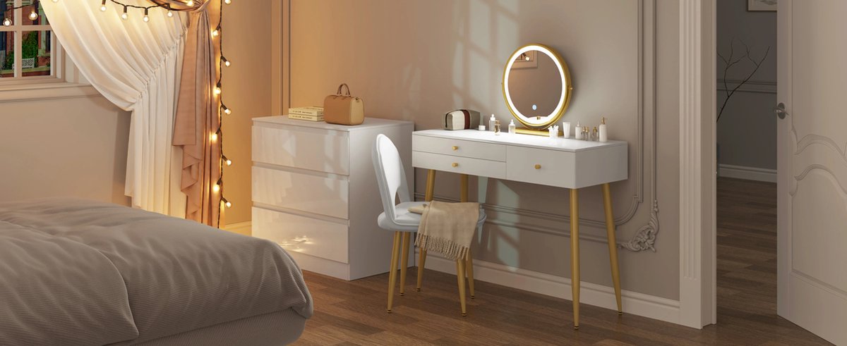 vanBoni Dressing Table with Mirror and Lights - Makeup Table - Dressing Table with Three Drawers - Velvet Stool - Desk - Dressers - White Gold - 100x40x122 cm