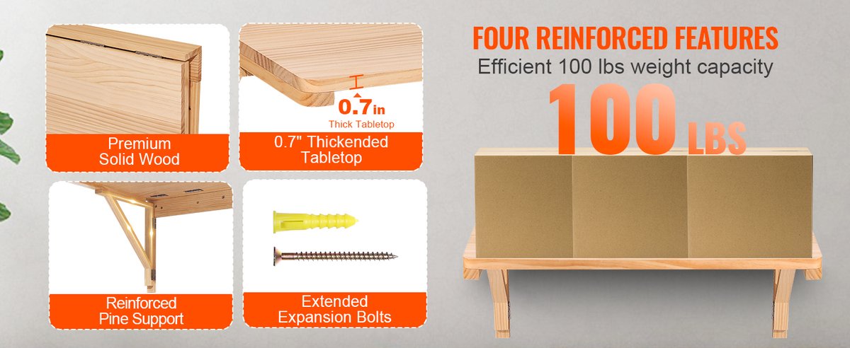 EliteNest® - Opvouwbare Wandtafel - Klaptafel - Ruimtebesparend Bureau - Draagkracht 45 kg - Massief Hout 80x60cm - Muurbevestiging - Inklapbaar - Zwevend - Werkblad - Eettafel - Multifunctioneel