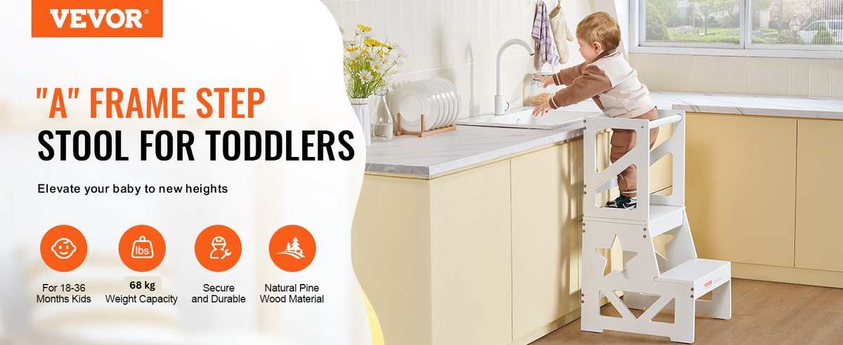 EliteNest® - Peuter Opstapje - Natuurlijk Dennenhout - Keukenopstapje voor Kinderen - Badkamer & Aanrecht - Stevig "A"-Frame - 68 kg Draagvermogen