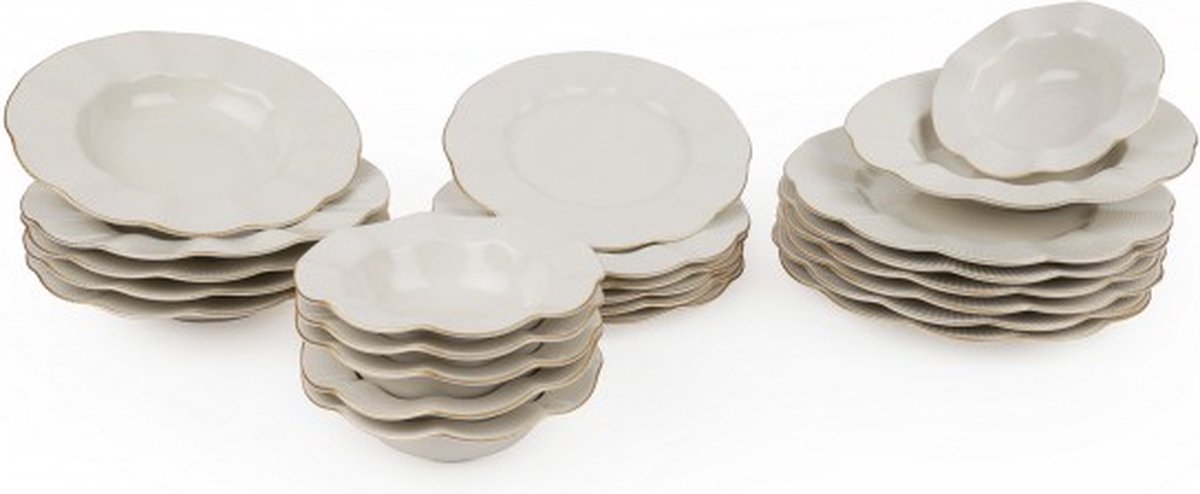 Asir Serviesset - Dinerset (24 Delen). Wit/Goud - Dinerbord: 22x22x2 cm (6 Stuks) Bord: 20x20x3 cm (6 Stuks) Kom: 14x14x5 cm / 210 cc (6 Stuks) Dessertbord: 18x18x2 cm (6 Stuks) 100% PORSELEIN