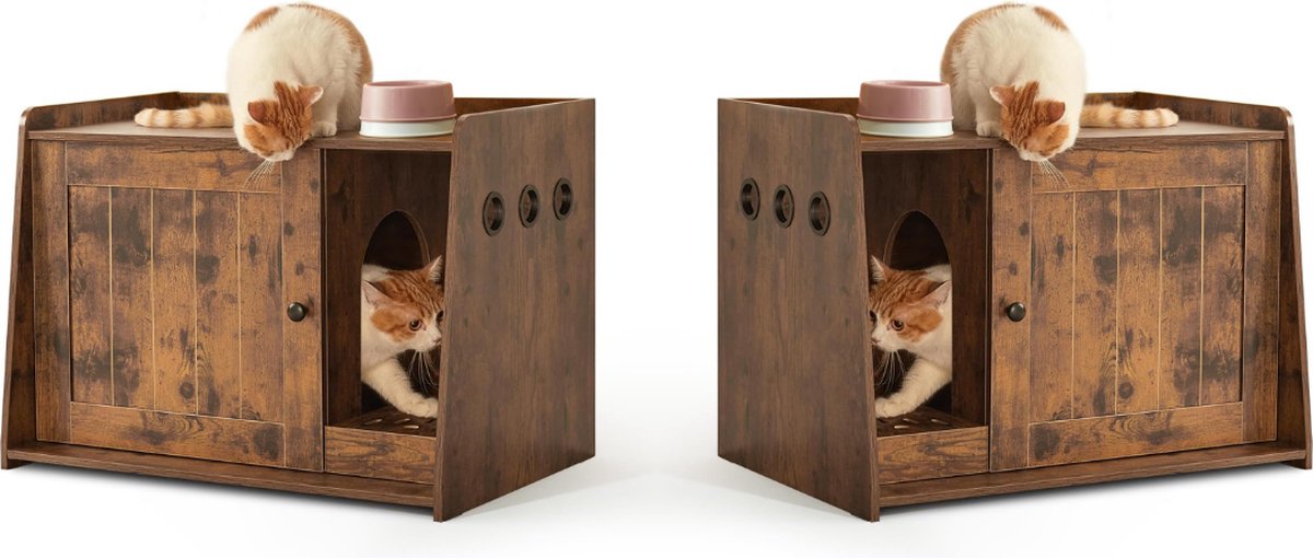 Kattenbak Kast - Kattenhuis - Kattenmand - Halmeubel – Dierenhuis - Nachtkastje - Kattenkast - Dressoir – Kattenhok - Bijzetkastje - Krabpaal - Katten Mand – Vintage Bruin