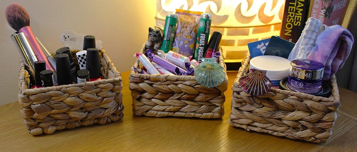 Square Water Hyacinth Small Baskets for Storage - Natural Color Woven Basket Open Shelves - Decorative Gift Box - Small Bathroom Mini Drawer Makeup Bathroom - Kitchen Organizer - Small 14cm 3 x Basket - HTML content needed